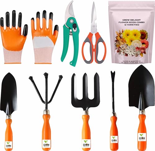 GROW DELIGHT Gardening Tools Kit-9 Pcs (Fork, Cultivator, Trowels...