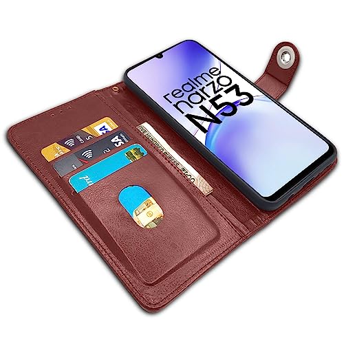 Image of Pikkme Realme Narzo N53 Flip Cover Leather Finish | Inside TPU with Card Pockets | Wallet Stand and Shock Proof | Complete Protection Button Flip Case (Brown)