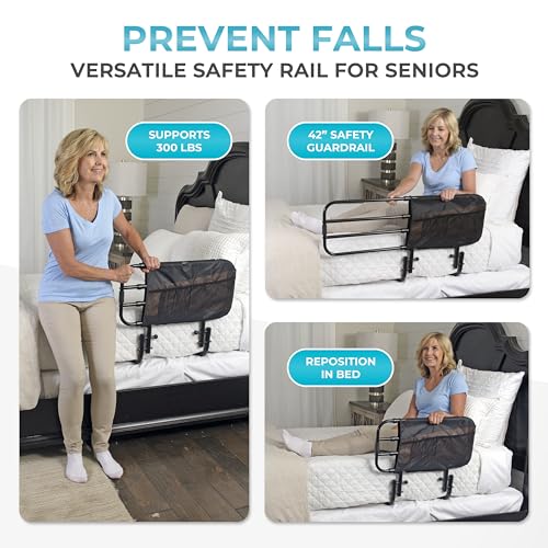 Stander EZ Adjust Bed Rail, Adjustable Senior Bedrail and Safety Assist Railing for Elderly Adults with Organizer Pouch, ASTM Safety Approved Guard-Rail, Black