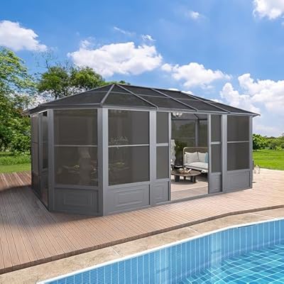 EROMMY 12' x 18' Sunroom, Solarium Gazebo with Aluminum Frame and Polycarbonate Roof, Outdoor Permanent Sun Room with Moveable PVC Screen and Sliding Door for Garden, Patio, Deck, Lawns
