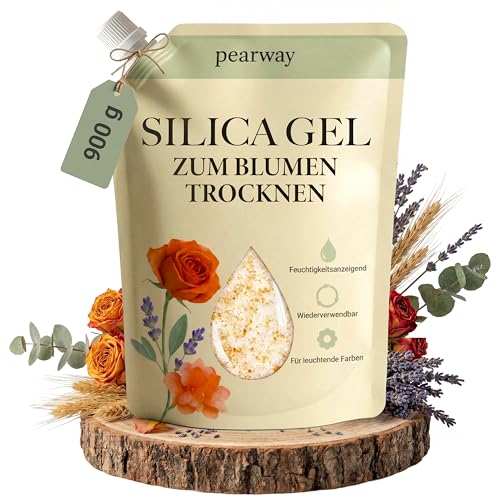 Silica Gel zum Blumen Trocknen (0 9kg) mit praktischem Dosierausguss Feine 0 2-2mm Kristalle mit Farbindikator Granulat wiederverwendbar zum Konservieren Silicagel Trockenmittel