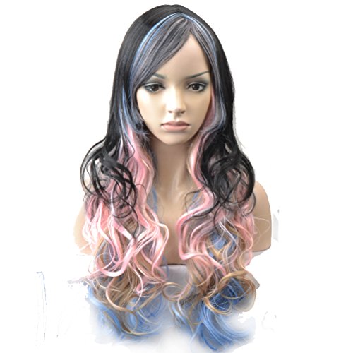 BERON Long Curly Mix Color Wig Colorful Costume Party Wigs with Bangs Come with Wig Cap (Black/Pink/Blue/Brown)