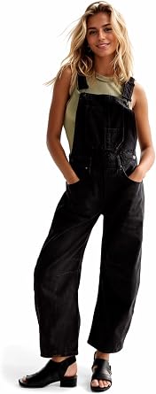 Womens Denim Bib Overalls Barrel Leg Adjustable Strap Jean Jumpsuit