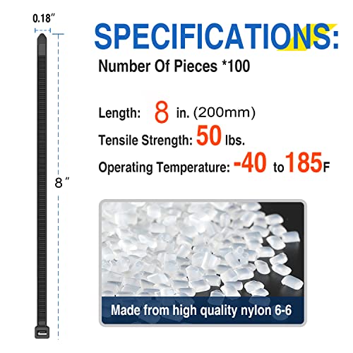 8 inch Cable Ties, 4.8mm x 200mm, 100 Pack Black Zip Ties Long 50 lbs Tensile Strength with UV Resistant - Image 2