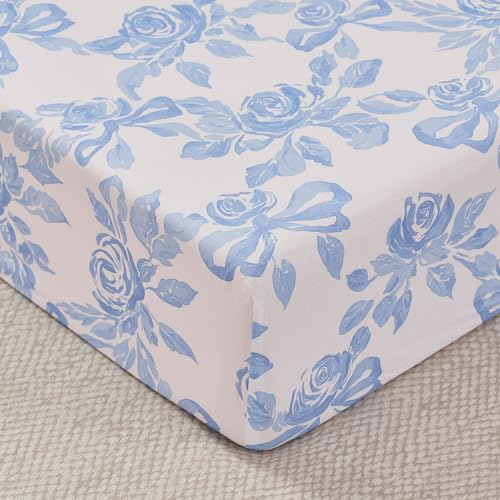 Image of Brandream Organic Crib Fitted Sheets for Baby Girls, Cottagecore Fitted Crib Sheet for Standard Crib and Toddler Mattress Super Soft 100% Cotton Baby Sheet French Country Blue Coquette Bow Rose Print