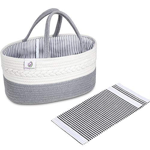 KiddyCare Baby Diaper Caddy Organizer - Stylish Rope Nursery Storage Bin 100% Cotton Canvas Portable Diaper Storage Basket For Changing Table