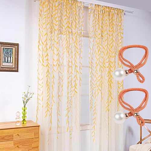 Weeping Willow Curtains, Weeping Willow Sheer Curtains, Weeping Willow Tree Curtains, Lush Decor Weeping Flowers Curtains, Leaf Curtains for Living Room, Bedroom, Balcony (yellow-2pcs, 39.4 * 78.7in)