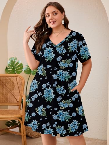 Image of AusLook Plus Size Midi Dress for Women Loose V Neck Short Sleeve Summer Casual A Line T Shirt Sundresses with Pockets 1X-5X
