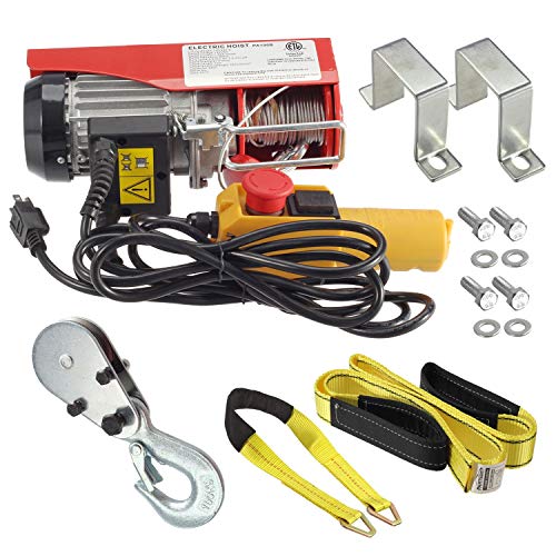 Partsam 220 lbs Lift Electric Hoist Crane Remote Control Power System, Zinc-Plated Steel Wire Overhead Crane Garage Ceiling Pulley Winch w/Premium Straps (w/Emergency Stop Switch)