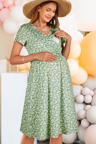 Image of OUGES Maternity Nursing Dress Breastfeeding Short Sleeve V Neck Casual Pregnancy Clothes with Pockets