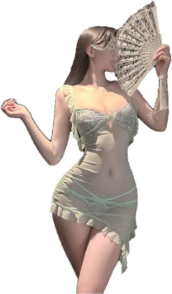 Women's Mesh Sheer Dress Lace Ruffled Backless Nightgown with Thong Panty Bedroom Set