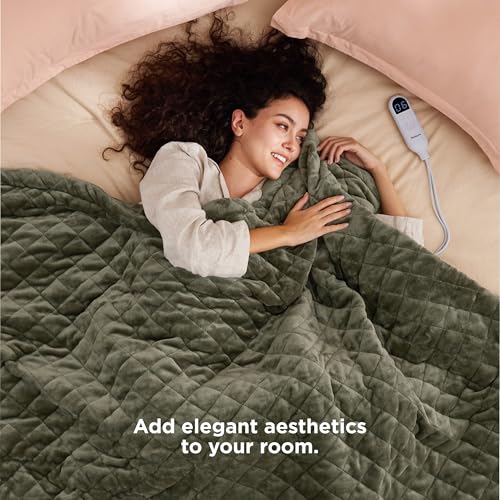 Image of Bedsure Electric Blanket Twin - Quilted Heated Blanket Twin Size, Soft Flannel Thick Heating Blanket with 10 Time Settings & 6 Heat Settings, Warm Gifts for Women Men (62x84 inches, Olive Green)