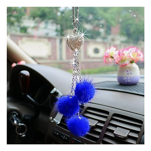 Ziciner Bling Diamond Heart Car Interior Accessories, Car Mirror Hanging Ornament for Women, Love Heart & Pink Plush Ball Decor Ornament Pendant (Dark Blue)