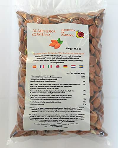HACIENDA EL CARACOL - Almendra Marcona con Piel Sin Trazas Para Alergicos Española No Tostada Sin Gluten Sin Sal Ideal para Dieta Keto (800)
