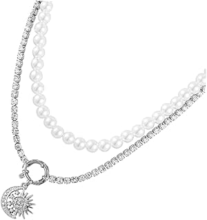 KESYOO Elegant Pearl Choker Star Moon Charms Layered Gold Necklace Fashion Accessory