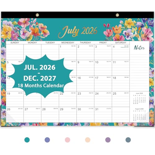 Desk Calendar 2026-2027 - JULY 2026 - DEC. 2027 17 x 12 Large Desk Calendar 18-Month Desktop/Wall Monthly Calendar for Home School or Office - Floral Pattern