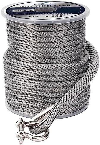 MARINE SYSTEM Made 3/8 Inch 100FT 150FT Premium Solid Braid MFP Grey Anchor Line Braided Anchor Rope/Line With Stainless Steel Thimble And Shackle - View #2