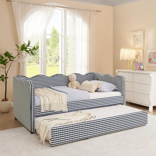 DEINPPA Twin Size Upholstered Daybed with Trundle Gingham Daybed with USB Ports for Bedroom Living Room Guest Room-Navy