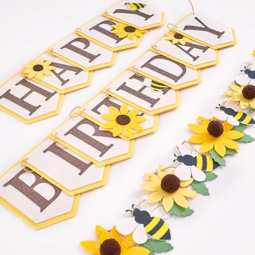 3PC Felt Sunflower Happy Birthday Banner Party Decorations Pre-Strung 3D Birthday Sign with Bee Handmade Felt Garland Reusable for Girls Women Boys Wall Photo Backdrop Spring Summer Garden Decor
