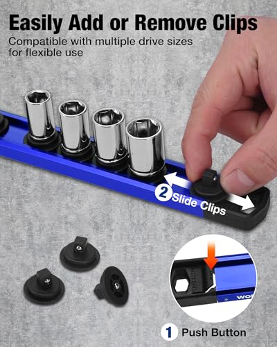 Image of WORKPRO Magnetic Socket Organizer, 1 /4 inch Drive Aluminum Alloy Socket Holder with 12PC Removable Socket Clips for Quick Customization, Socket Rail for Tool Box Drawer (Sockets Not Included)
