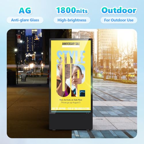 Image of 43 inch Outdoor Digital Signage Display, FHD 1800Nit LCD Screen, IP55 Waterproof, Rechargeable 10h Battery, USB /WiFi Portable Movable Display Kiosk, Split Screen Playback, Auto-Brightness, Android OS