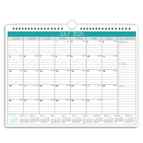 Wall Calendar Monthly Overview with Julian Date, 2020 Yearly Planner with Wire Bound Hanger, 18 Monthes Academic Desktop for Office and Family,11.5 × 15 inches