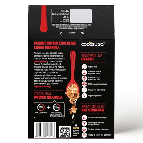 Image of Cocosutra Peanut Butter Chocolate Chunk Breakfast Granola - 300 g | Made with natural ingredients | High Protein Cereal with Oats, Nuts, Seeds & Dry Fruits | Lightly sweetened with Jaggery | High Protein Breakfast Cereal, Oats, Nuts, Seeds & Dry Fruits, 100% Natural, Vegan & Gluten Free, Jaggery Sweetened Crunchy