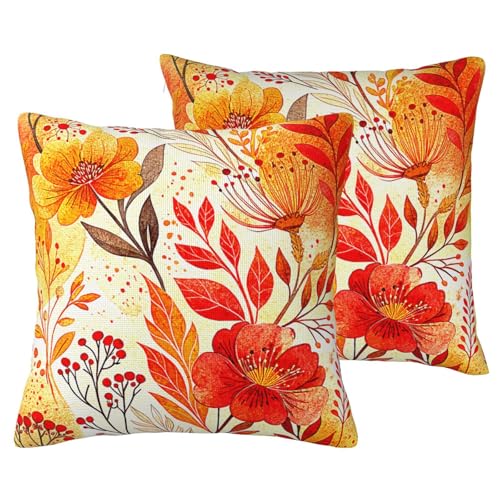Linenovia Watercolor Abstract Warm Throw Pillow Covers 18x18 Set of 2, Orange Red Gold Brushstroke Art Decorative Cushion Cases for Modern Living Room
