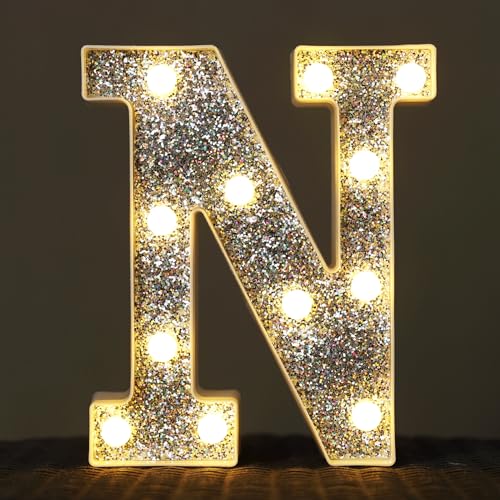 Image of LED Marquee Light Up Letters, 26 Alphabet Lighted Letter and 10 Number, Battery Powered Night Light for Room Decor, Home Birthday Wedding Bar Party Decoration, Shiny Silver Diamond (Letter N)