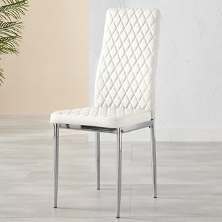 Furniturebox UK Milan Dining Chair - Set of 4 or 6 Dining Chairs - Premium Dining Room Chairs - Contemporary & Luxurious Chrome Hatched Diamond Faux Leather Dining Seats (4X White Chairs)