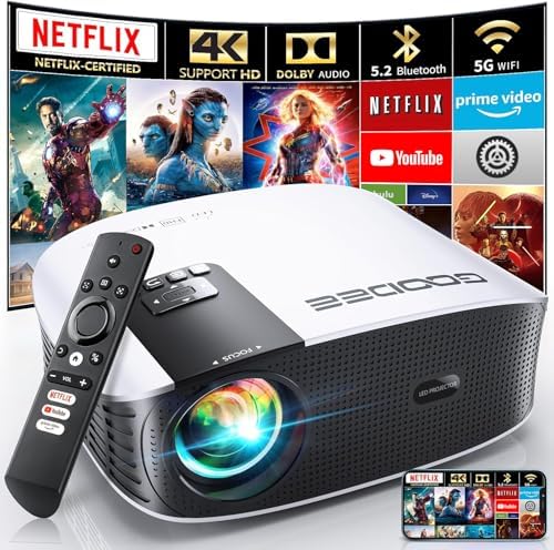 GooDee Smart 4K Projector with 5G WIFI and Bluetooth, Netflix/Amazn Prime Video Certified, Dolby Audio, 800ANSI Outdoor Projector, 400" Zoom Home Theater Projector Compatible with TV Stick,iOS,Android