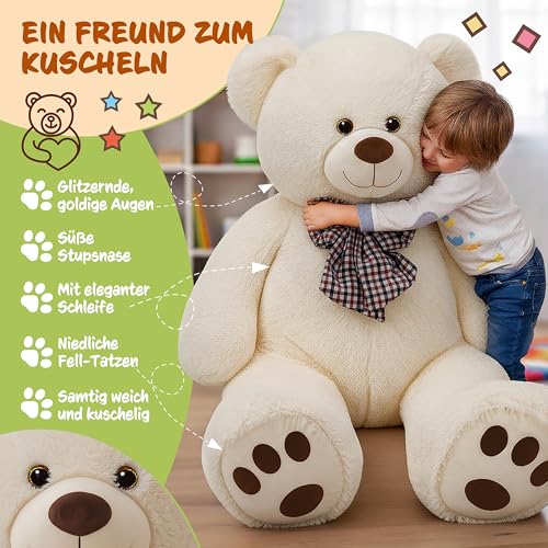 monzana® Teddybär L - XXXL 50-175cm Weiches Fell Schleife Tatzendruck Geschenk Plüschtier Kuscheltier Stofftier Riesen Teddy Bär