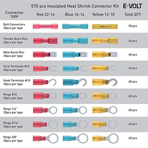 Heat Shrink Wire Connectors Kit: 570 Pc Variety Of Waterproof Electrical Crimp Terminals - Automotive & Marine Use. Adhesive Lined Tubing In Red Blue Yellow Butt Fork Hook Ring & Quick Disconnects Set #TOP4