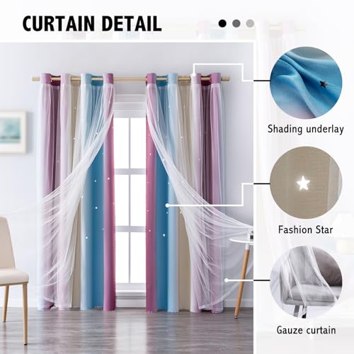 Image of indistar Colourful Stripe Star Cut-Out Blackout Curtains for Bedroom,2 Layers Mix Design of Fabric & Tulle,Pretty Window Curtain for Kids Room 1 Panel (W52 x L72 Purple /Blue)