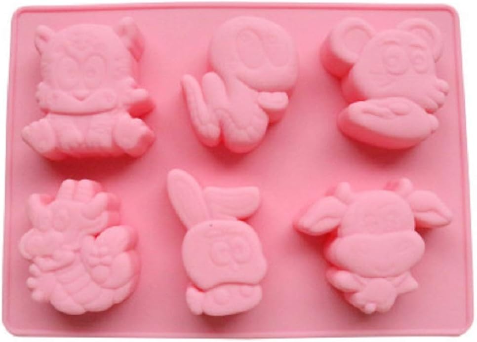 DBHappy Silicone Bakeware Multi Kinds Animals Shapes Cake Mold, Tiger Snake Dragon Rabbit Rat Cow Chocolate Cookie Fondant DIY Reusable BPA Free Cupcake Mould Baking Tray 6 Holes