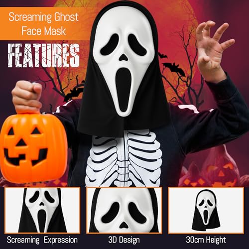 Kids Ghost Face Costume with Ghost Face Mask, Blood Filled Fake Knife Prop, Black Hooded Robe Kids Halloween Costumes for Boys - Screamer Horror Mask, Bloody Knife and Black Robe Boys (10-12 Years) - Image 2