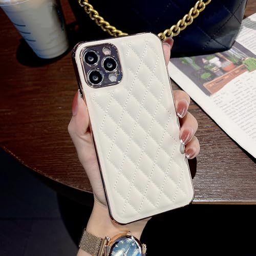 Coque pour iPhone 13 Pro en cuir souple blanc à treillis plaqués de protection