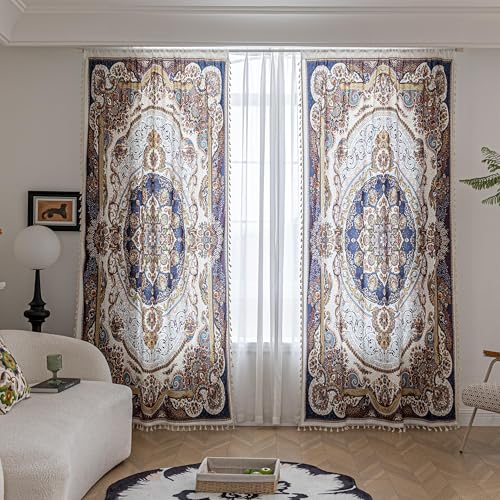 Image of Blue Brown Medallion Curtains 96 Inches Long, Vintage Paisley Boho Farmhouse Light Filtering Rod Pocket Drapes with Tassel Trim for Bedroom Living Room, 2 Panels