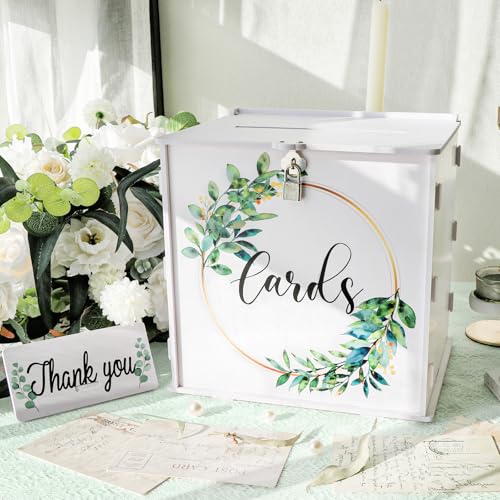 Image of OurWarm White Wedding Card Box with Lock & Slot, PVC Gift Card Box for Wedding Reception, Eucalyptus Wedding Envelope Money Card Box for Party Graduation Birthday Bridal Shower Decorations