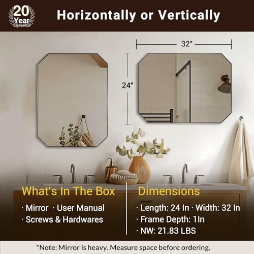 Image of ANDY STAR Brushed Nickel Octagon Bathroom Mirror, 24x32 Inch Stainless Steel Metal Frame, Anti-Rust, Shatterproof HD Glass, Wall Mounted for Bathroom, Bedroom, Living Room