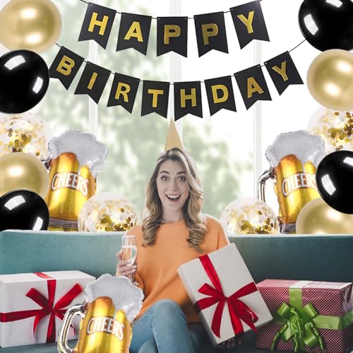 Image of ZHENGYE Black Gold Birthday Decorations Set Happy Birthday Banner Latex Balloon Beer Balloons Beer Themed Decoration Party Supplies