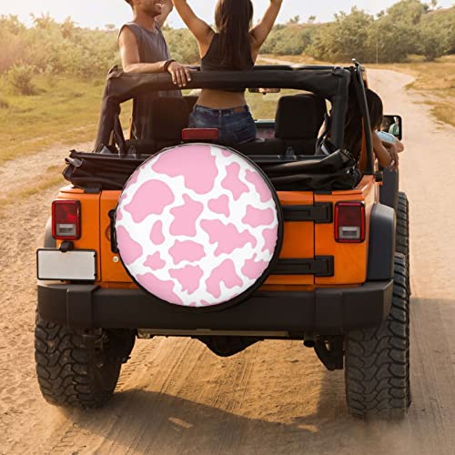 Image of Pink Cow Print Spare Tire Cover Dust-Proof Wheel Tire Cover Fit Trailer, RV, SUV and Many Vehicle 16 Inch