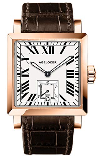 agelocer Orologio meccanico automatico da uomo con quadrante con numeri romani retrò, vetro zaffiro, cinturino in pelle di vitello, lancette luminose, datario, regalo di lusso perfetto per gli uomini