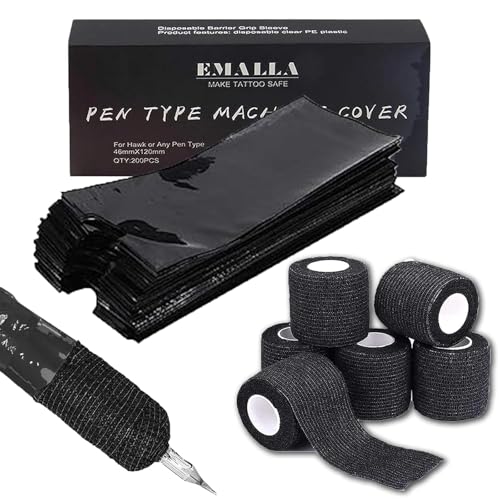 200 fundas para máquinas de tatuaje con 6 cintas de agarre de tatuaje – Unihuby Tattoos Machine Bags fundas para máquina con cinta autoadhesiva negra