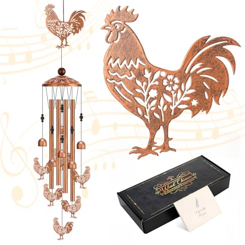 Hoemwarm Chicken Wind Chimes for Outside Metal Rooster Wind Chimes Garden Decor Chicken Gifts for Chicken Lovers Memorial Gift Outdoor Patio Yard Ornament