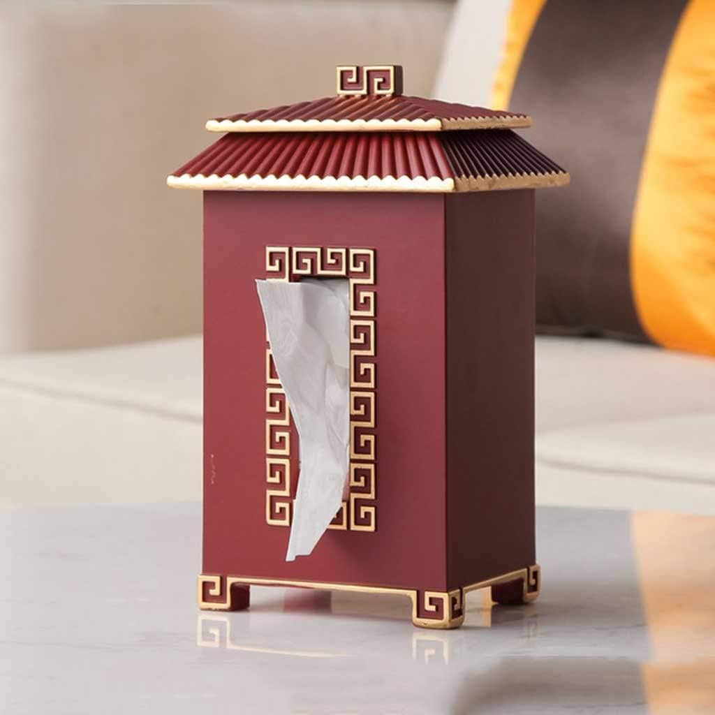 Light Elegant Chinese Style Living Room Desktop Tissue Box with Clear Texture Retro Home Creative Paper Box Gold Painting (Color : Green) (Red)