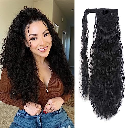 Hayahair Long Corn Wave Ponytail Extension, 26 Inch Black Wavy Wrap Around Ponytail, Heat Resistant Synthetic Pony Tails Hairpiece For Women Daily Use cover