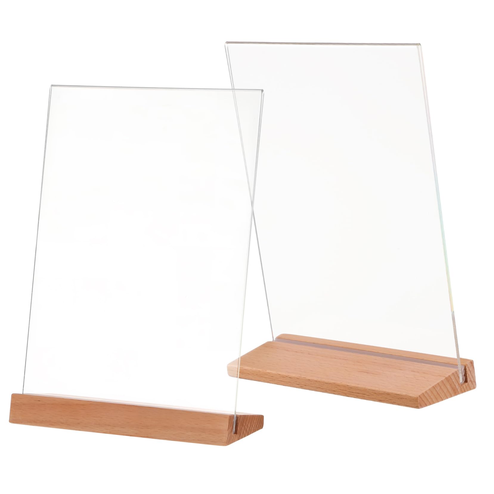 2 Soportes de Mesa para Letreros en L con Base de Madera | Panel Acrílico Transparente, Inserción y Retirada Fácil, Uso en Negocio y Sobremesa