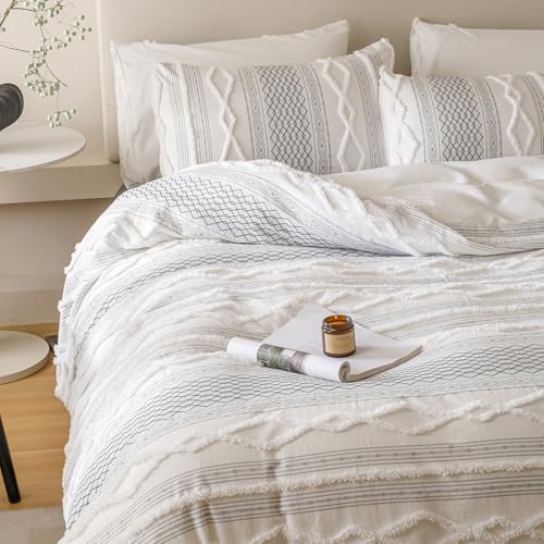 Image of KAREVER Ivory Black Boho Comforter Set Queen Mixed Textures Jacquard Bedding Set Durable Chic and Stylish Bedroom Set