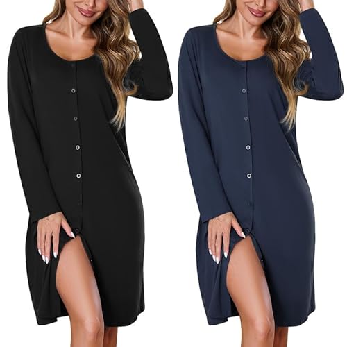 Marvmys Women's Nightgown 2 Pack Long Sleeve Button Down Sleep Shirt Nightshirt V-Neck Sleepwear Pajama Dress S-3XL Medium Black & Navy Blue